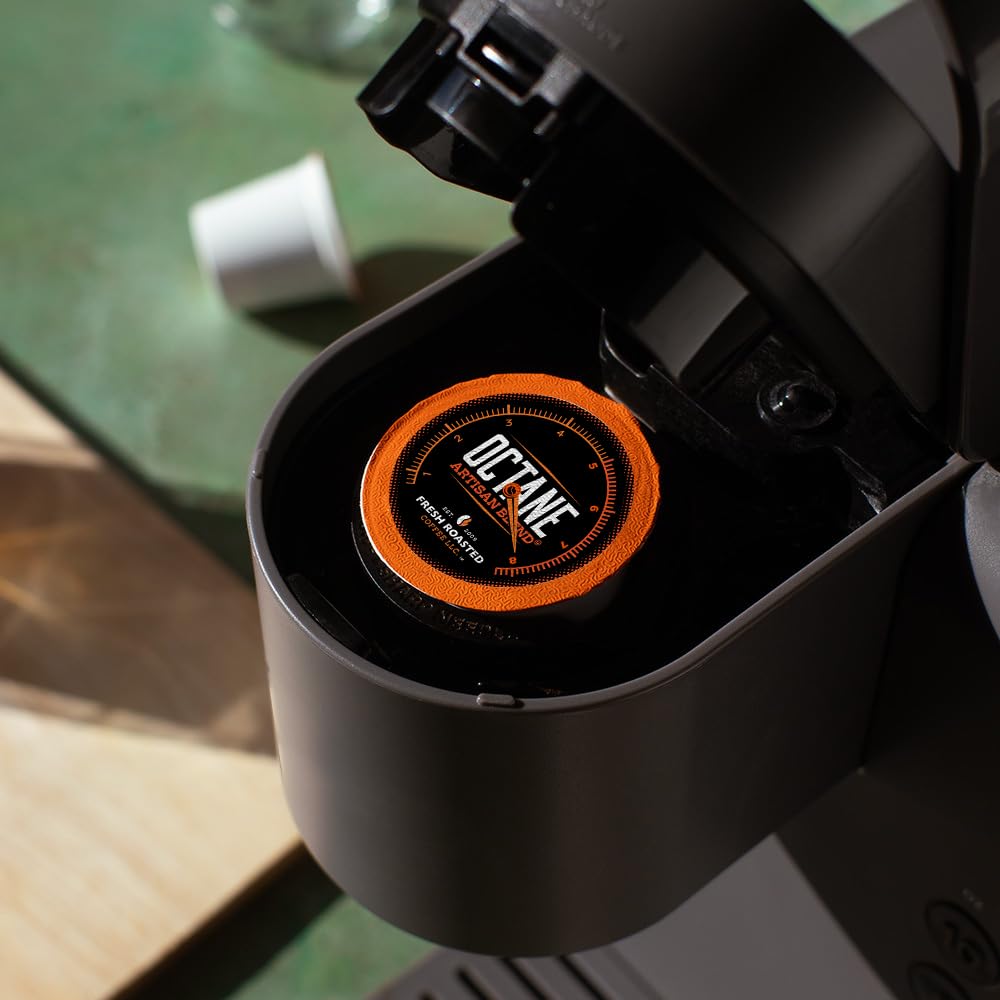 Keurig-compatible Octane Italian Dark Roast pod on packaging highlighting sustainability.