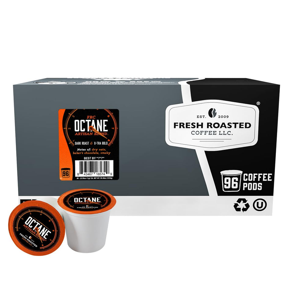 Fresh Roasted Coffee Octane Italian Dark Roast pods in a recyclable cup for Keurig brewing.