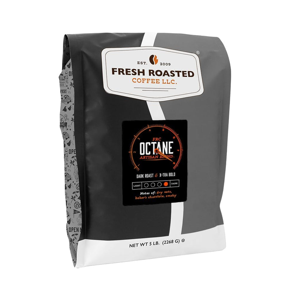 Fresh Roasted Coffee Octane whole bean bag with bold aroma for mornings