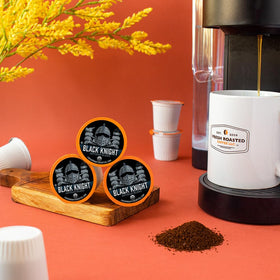 Fresh Roasted Coffee Organic Black Knight packaging emphasizes compostable grounds and filters