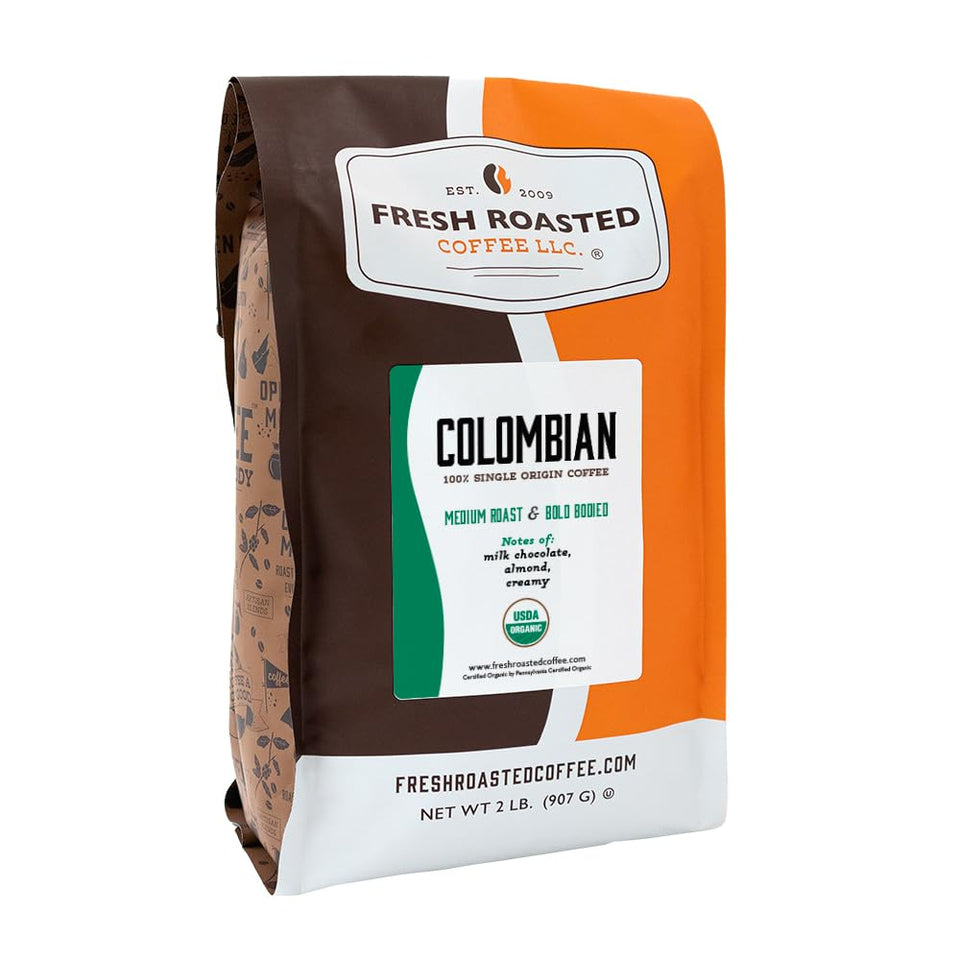 Fresh Roasted Coffee Organic Colombian whole beans for a rich morning brew.