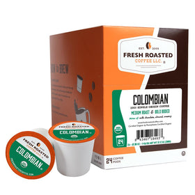 Fresh Roasted Coffee Organic Colombian pod package shows a convenient, sustainable K-Cup option.