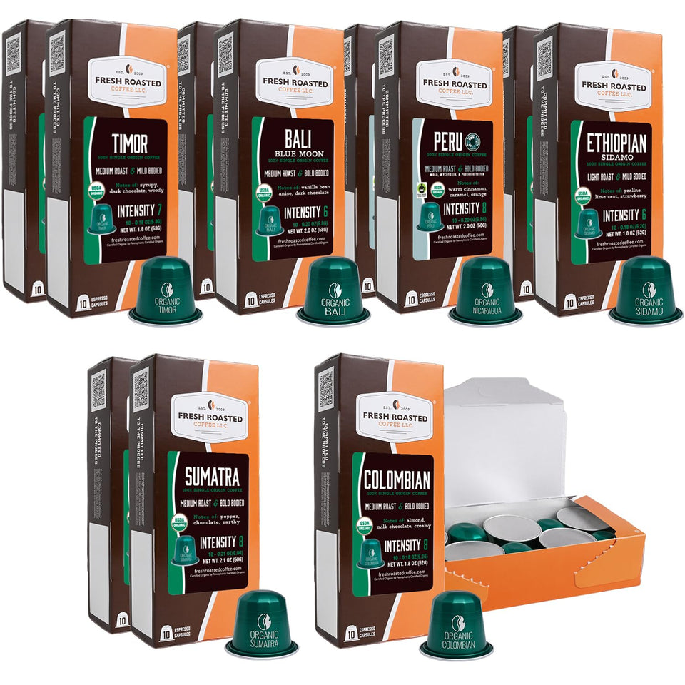Fresh Roasted Coffee organic espresso capsules in a recyclable pod for single-origin flavor