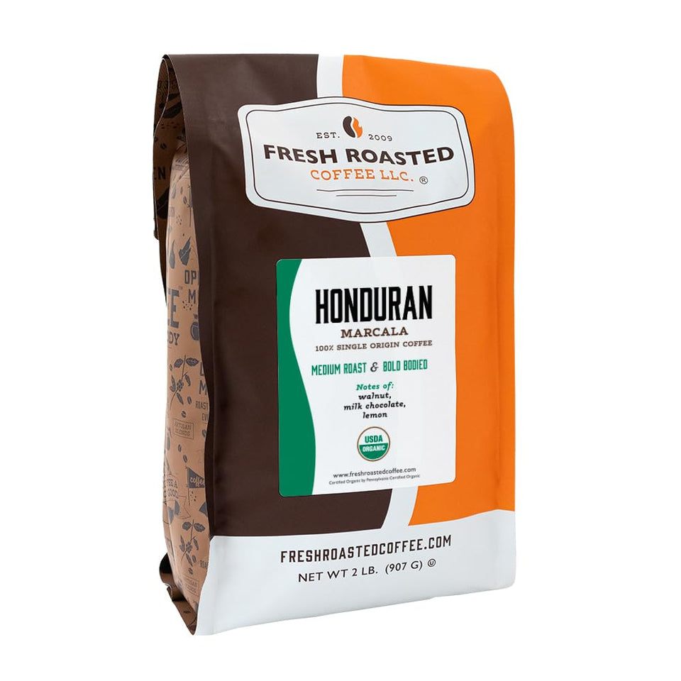 Fresh Roasted Coffee Honduran Marcala whole bean bag showcasing organic, single-origin quality.