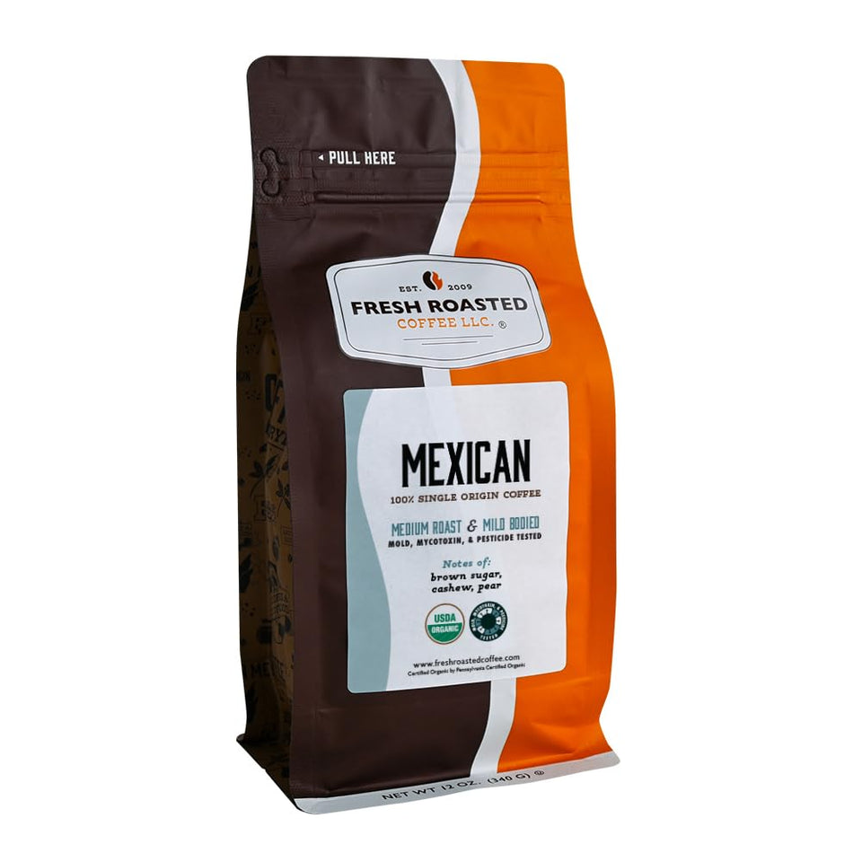 Fresh Roasted Coffee Organic Mexican bag front highlighting organic origin and premium flavor.