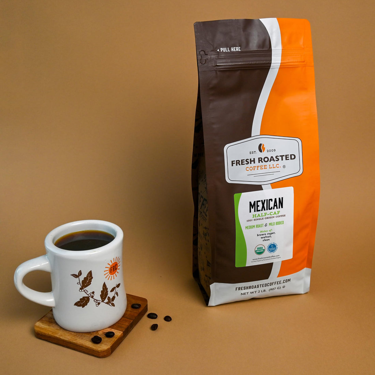 Fresh Roasted Coffee organic Mexican beans ready for home brewing.