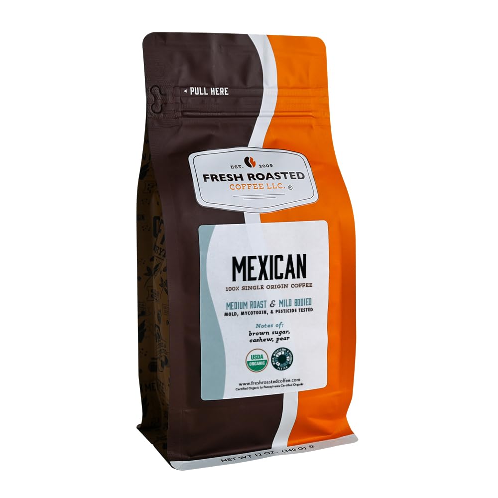 Fresh Roasted Coffee Organic Mexican brew pour-over highlights smooth flavor extraction.