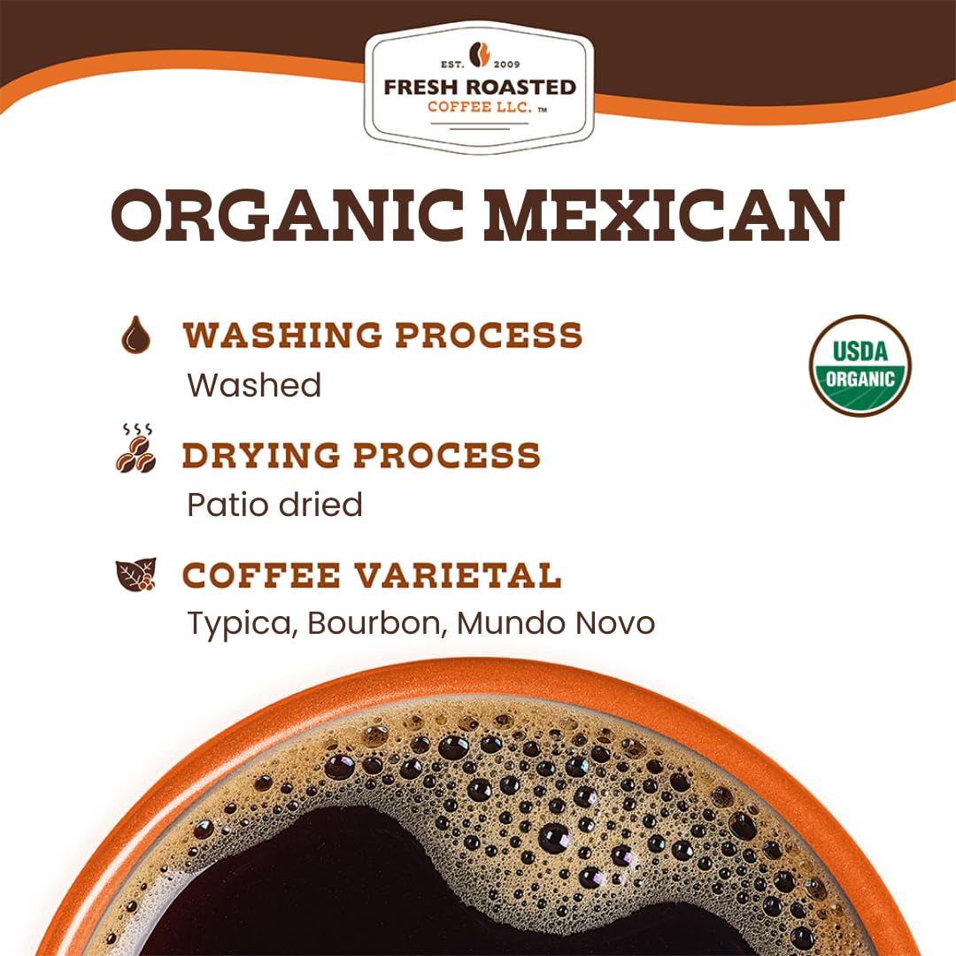 Fresh Roasted Coffee Organic Mexican packaging illustrating sustainability and responsible sourcing.