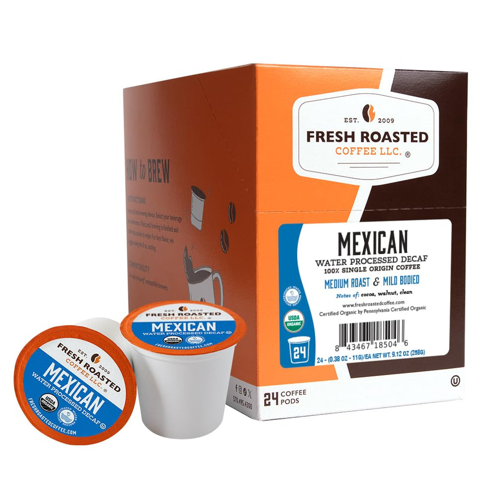 Fresh Roasted Coffee organic Mexican water-processed decaf pods ready for a flavorful morning routine.