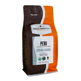 Fresh Roasted Coffee Peru bag front with organic Arabica beans for premium aroma