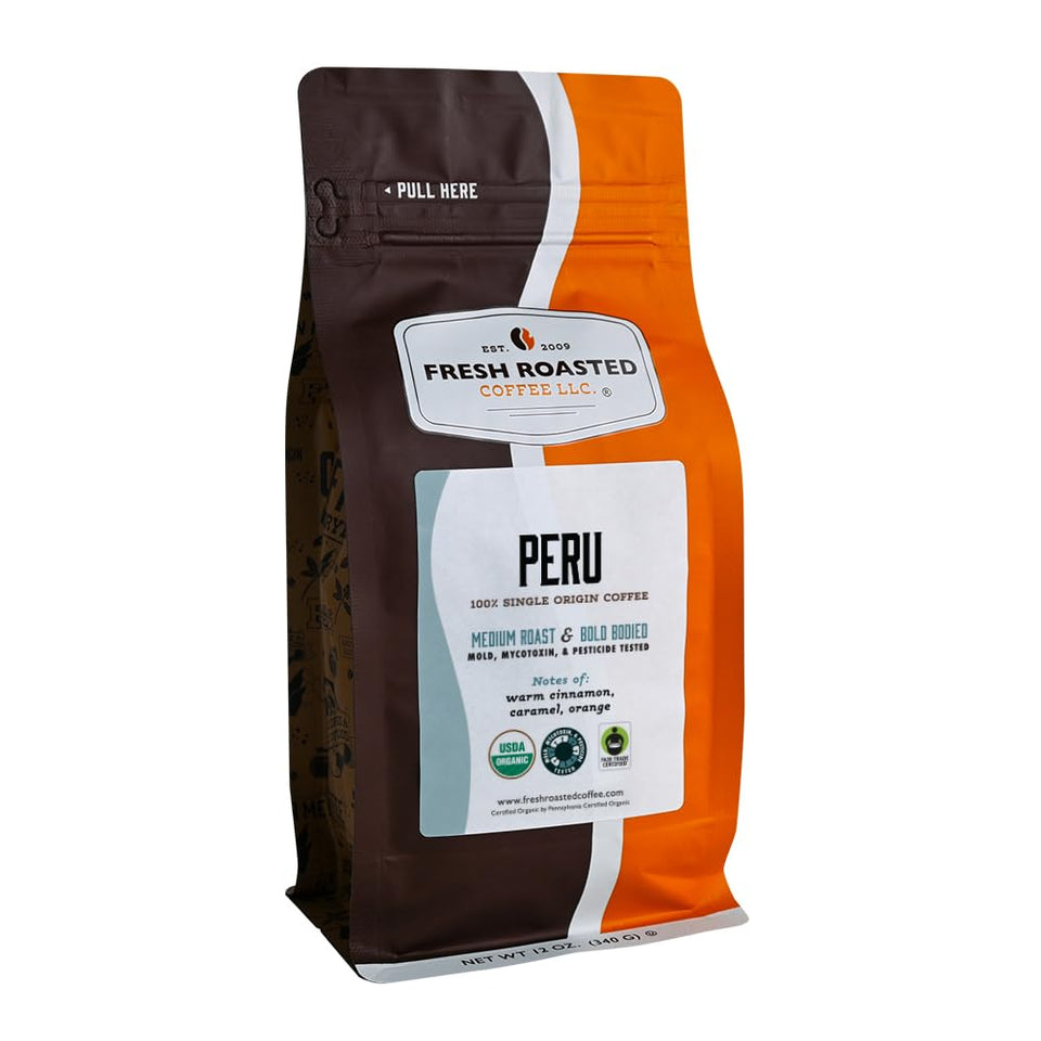 Fresh Roasted Coffee Peru bag front with organic Arabica beans for premium aroma
