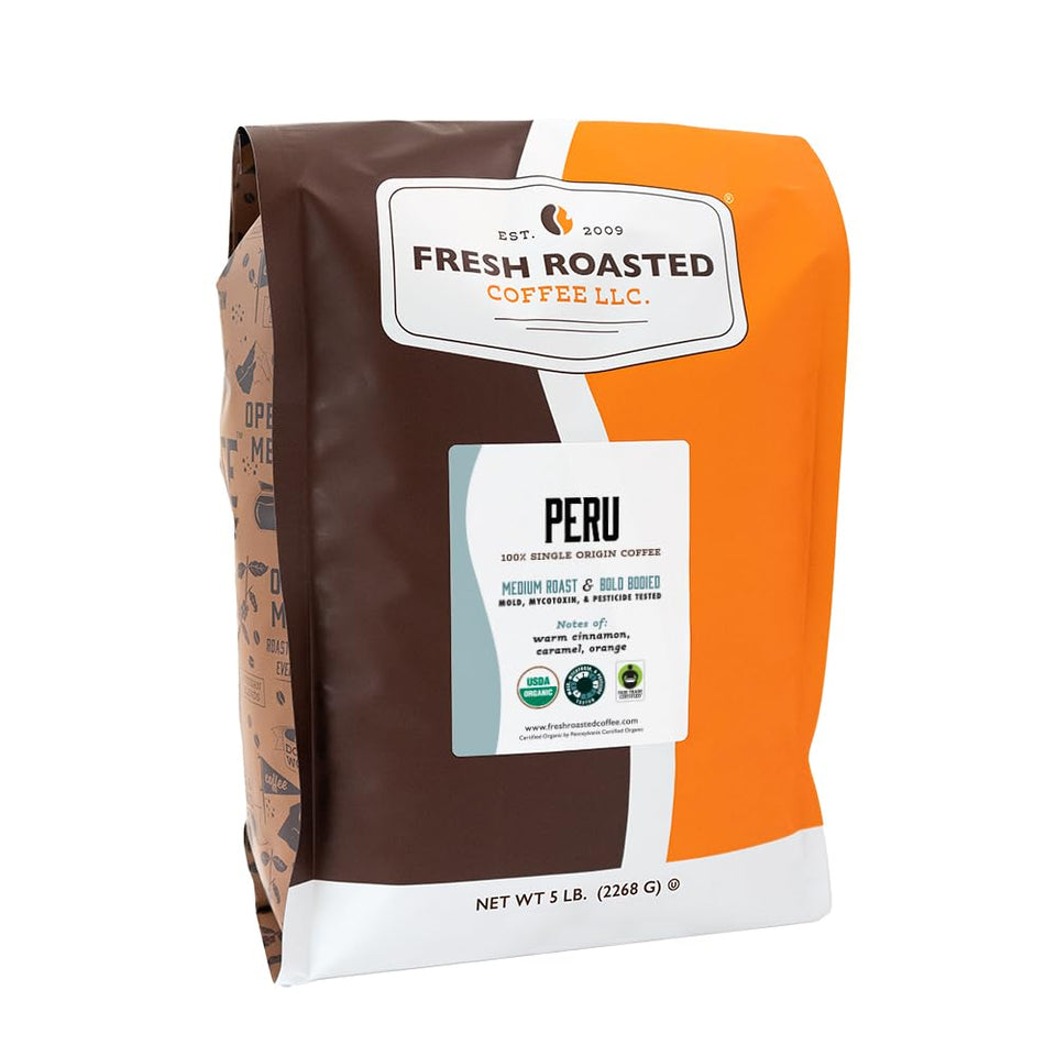 Fresh Roasted Coffee bag front shows premium organic whole beans ready for savoring.
