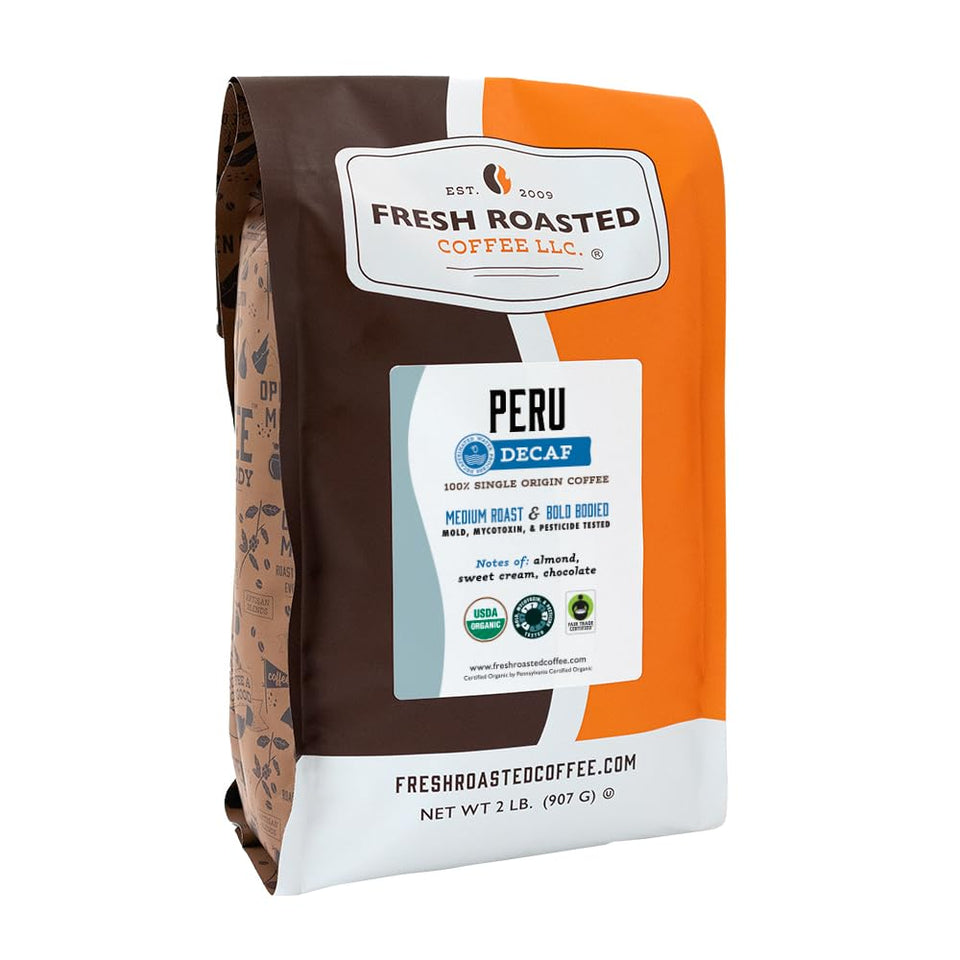 Fresh Roasted Coffee Peru decaf bag with whole beans for home brewing.