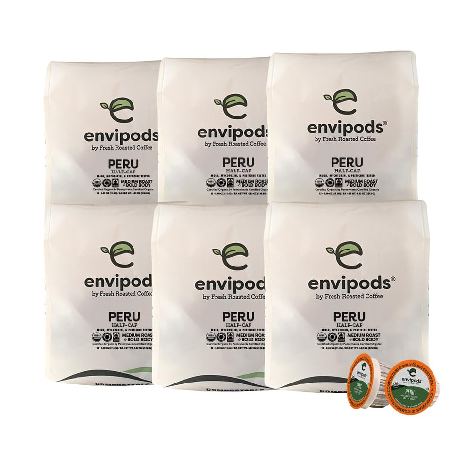 Fresh Roasted Coffee Peru Envipods packaging showing USDA Organic certification for eco-friendly use