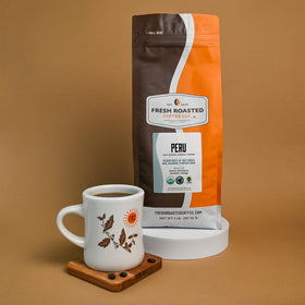 Fresh Roasted Coffee Peru fair-trade label points to ethical sourcing and flavor.