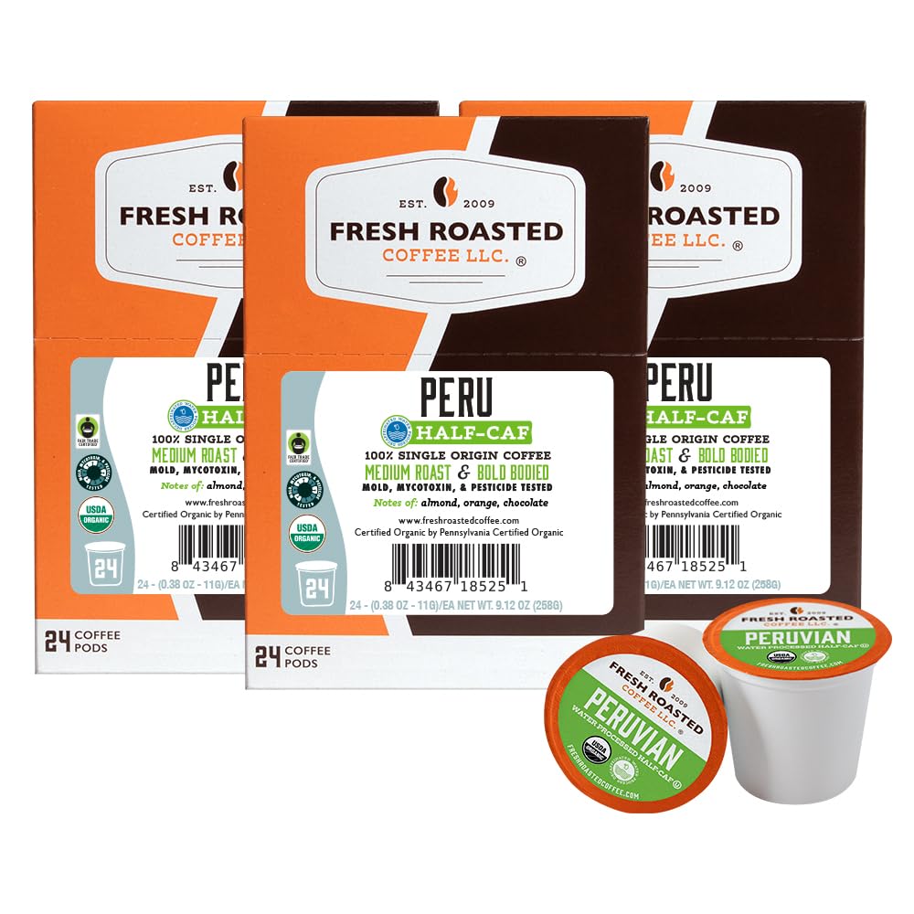 Fresh Roasted Coffee Peru Half-Caf pod brew highlights smooth flavor and convenience