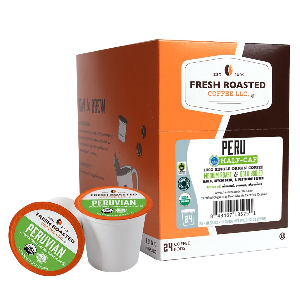 Fresh Roasted Coffee Peru Half Caf pods in a pack for quick mornings