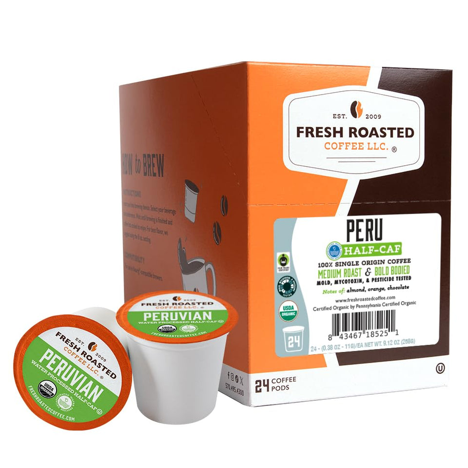 Fresh Roasted Coffee Peru Half Caf pods in a pack for quick mornings