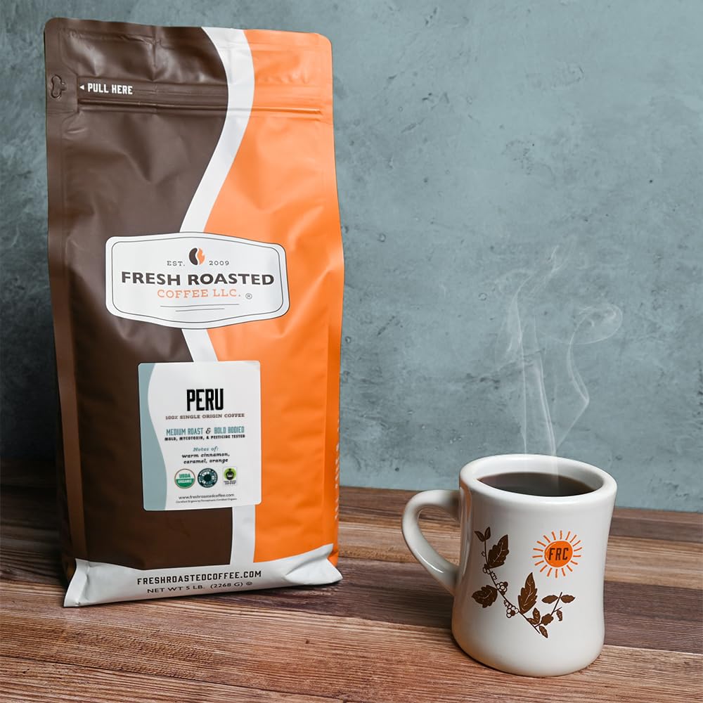 Fresh Roasted Coffee Peru pour-over scene evokes bright aroma and a clean cup experience.