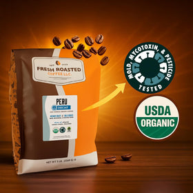 Fresh Roasted Coffee Peru water-processed decaf cup for a smooth aromatic sip.