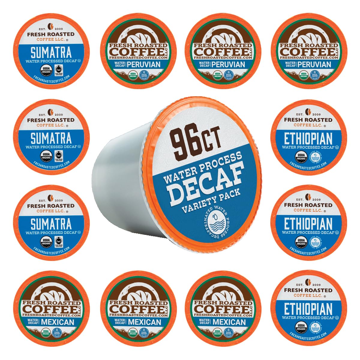 Fresh Roasted Coffee Peruvian decaf pods — bold, creamy profile.