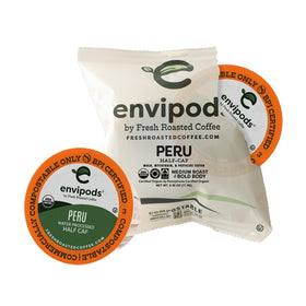 Fresh Roasted Coffee envipod packaging for the organic Peruvian half-caf blend, individually wrapped for freshness.