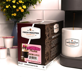 Fresh Roasted Coffee Raspberry Mocha beans showcase 100% Arabica quality.