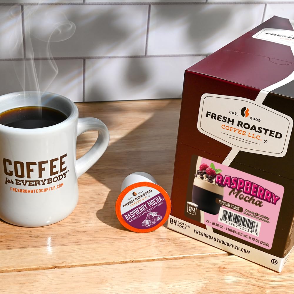 Fresh Roasted Coffee Raspberry Mocha pod closeup reveals aromatic berry and chocolate notes.