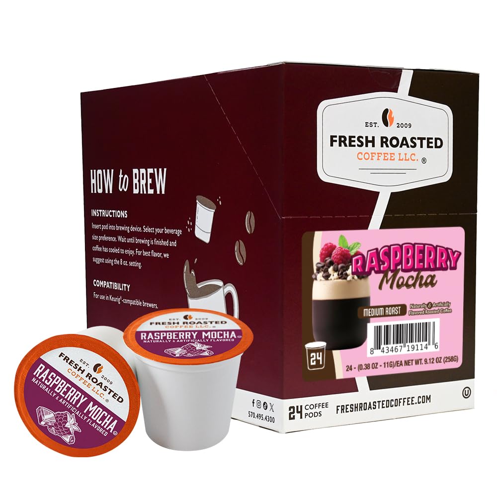 Fresh Roasted Coffee Raspberry Mocha pod packshot highlights flavor and convenience.