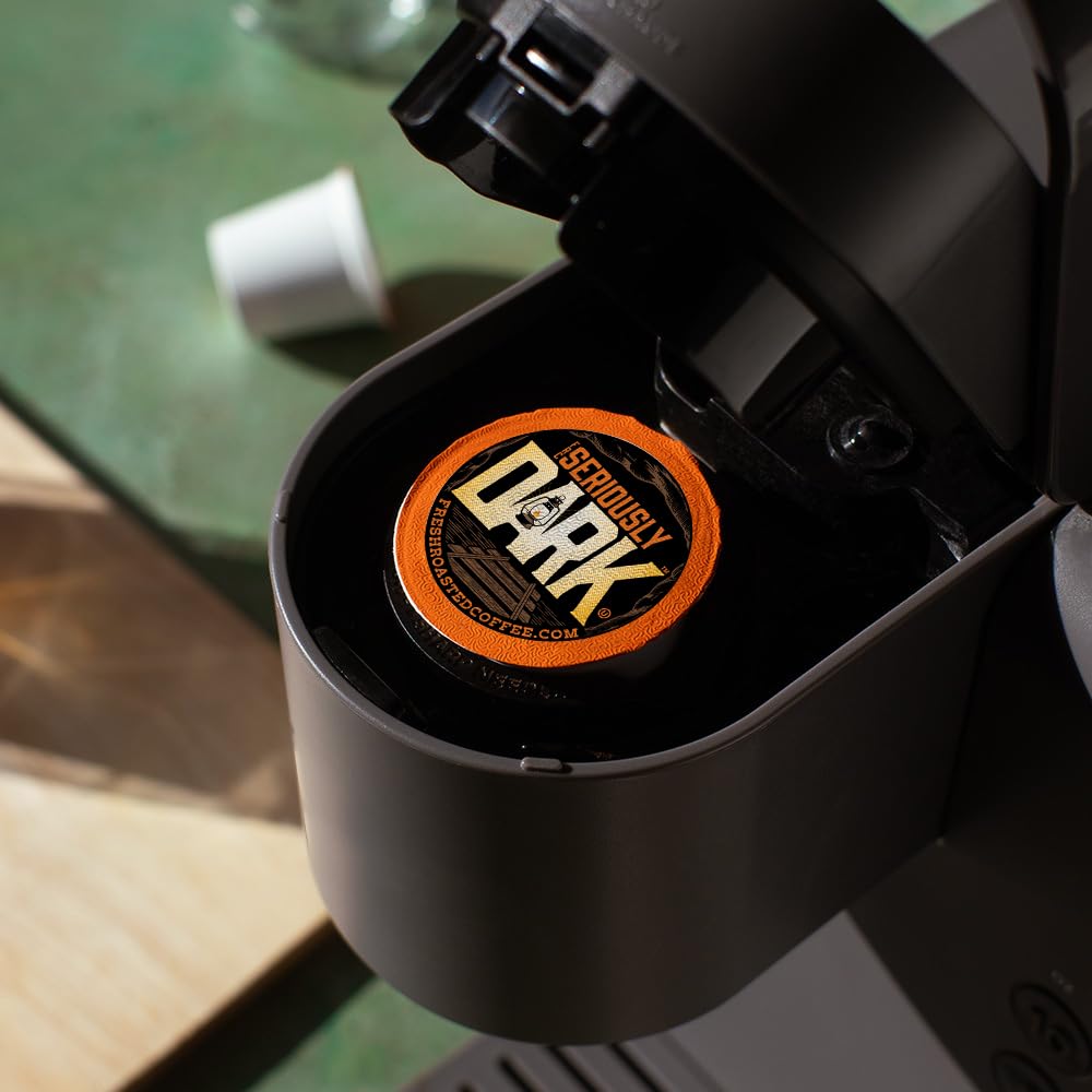 Fresh Roasted Coffee Seriously Dark Artisan Blend brew aroma with toffee and chocolate notes.
