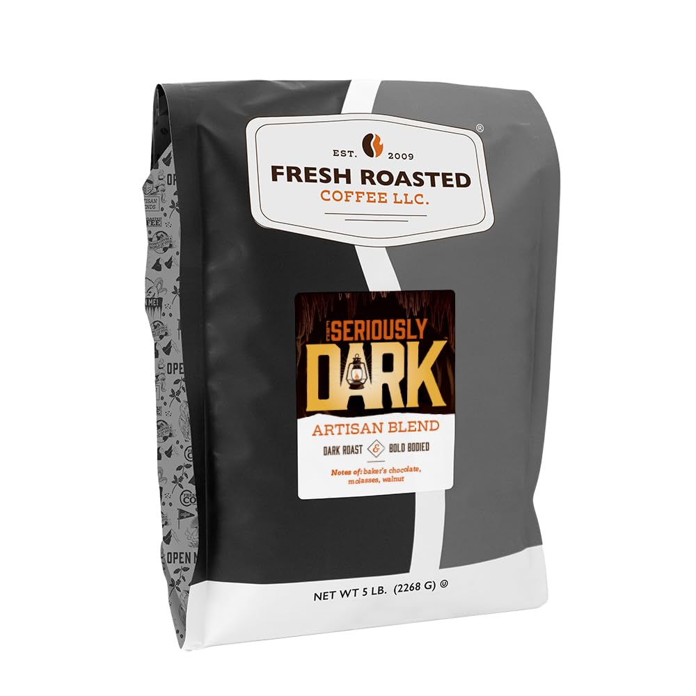 Fresh Roasted Coffee Seriously Dark Artisan Blend bag closeup showing premium freshness