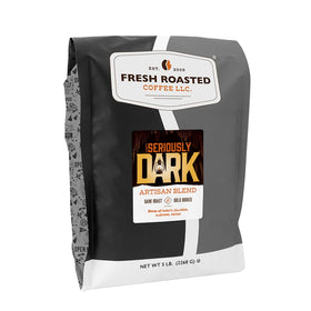Fresh Roasted Coffee Seriously Dark Artisan Blend bag closeup showing premium freshness