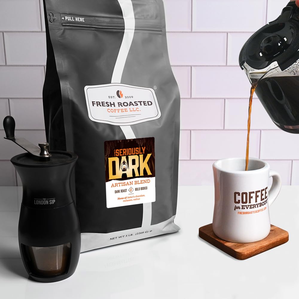 Fresh Roasted Coffee Seriously Dark Artisan Blend beans reveal chocolate toffee notes