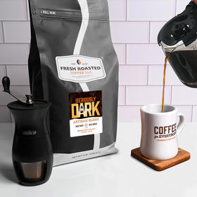 Fresh Roasted Coffee Seriously Dark Artisan Blend beans reveal chocolate toffee notes