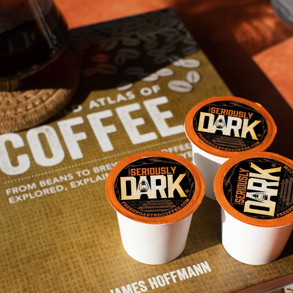Nitrogen flushed pods preserve aroma for Fresh Roasted Coffee Seriously Dark.