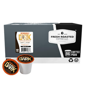 Fresh Roasted Coffee Seriously Dark Artisan Blend pod front view, bold flavor promise.