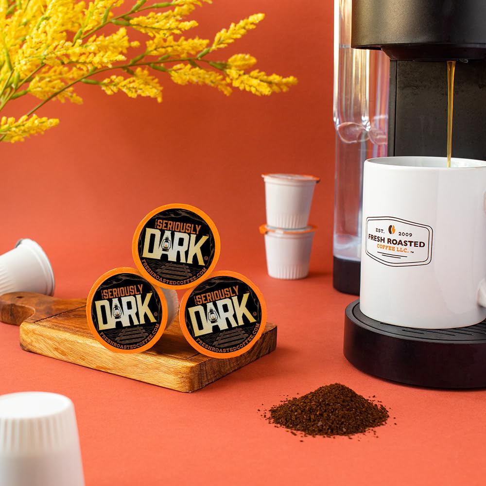 Fresh Roasted Coffee Seriously Dark Artisan Blend pod open for easy single-serve brewing.