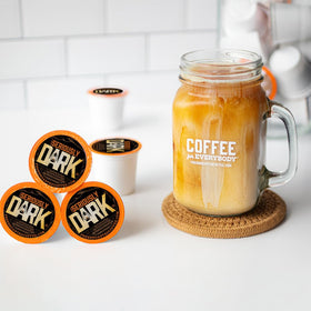 Sustainability emphasis: recyclable cup and compostable packaging for Fresh Roasted Coffee.