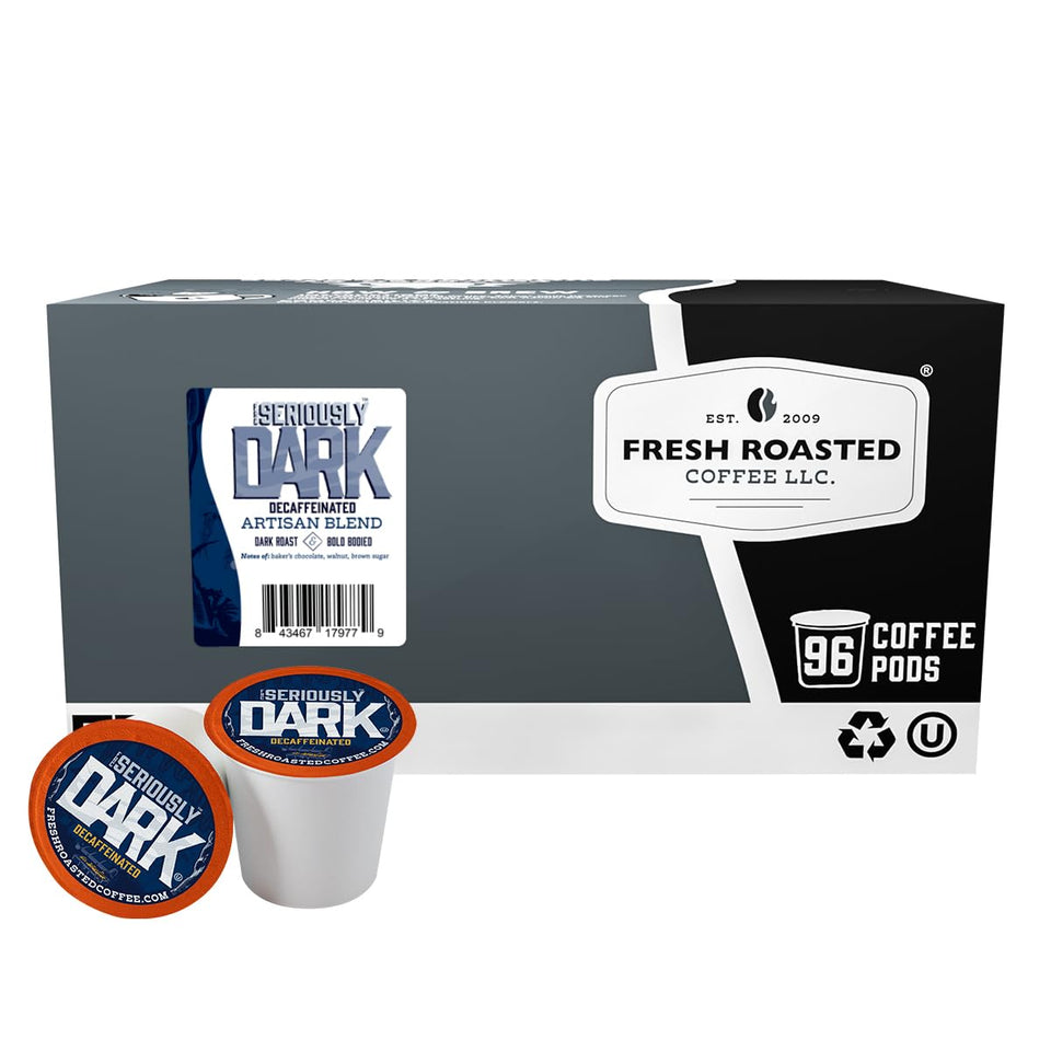 Fresh Roasted Coffee Seriously Dark Decaf Artisan Blend packaging and 96 pods for K-Cup brewers.