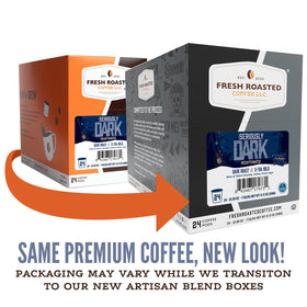 Close-up of Fresh Roasted Coffee Seriously Dark Decaf Artisan Blend pod showing label and color tones.
