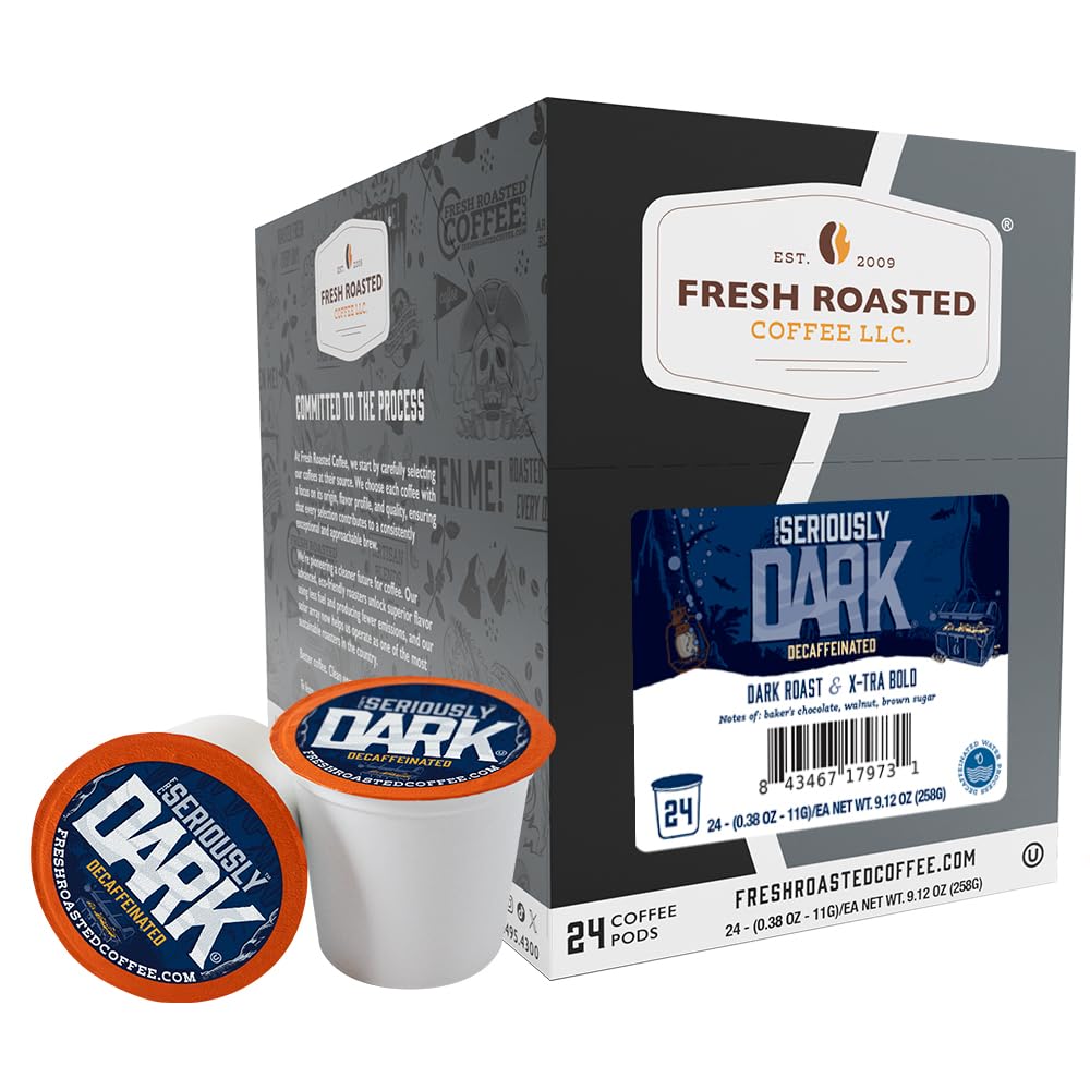 Fresh Roasted Coffee Seriously Dark Decaf Artisan Blend pod on shelf emphasizing rich decaf experience.