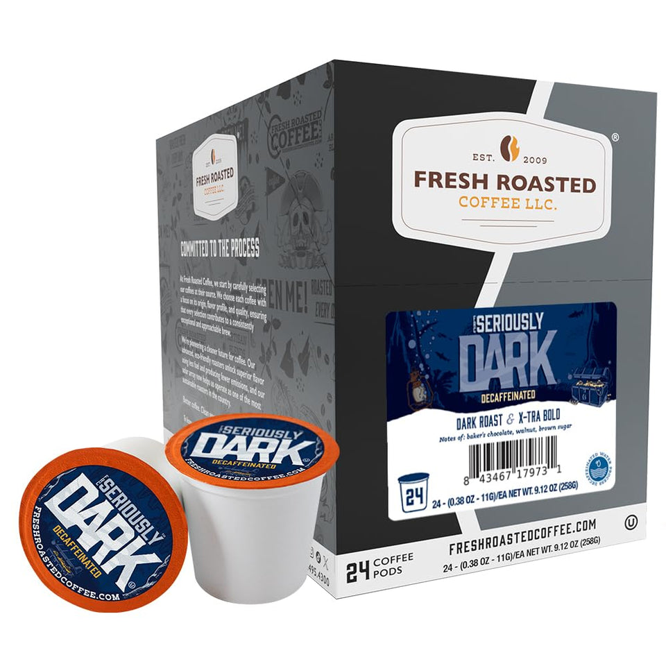 Fresh Roasted Coffee Seriously Dark Decaf Artisan Blend pod on shelf emphasizing rich decaf experience.