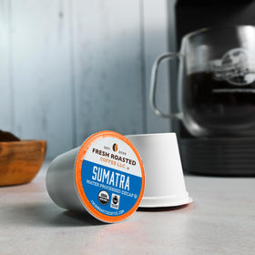 Fresh Roasted Coffee Sumatra decaf pods — full-bodied, earthy.