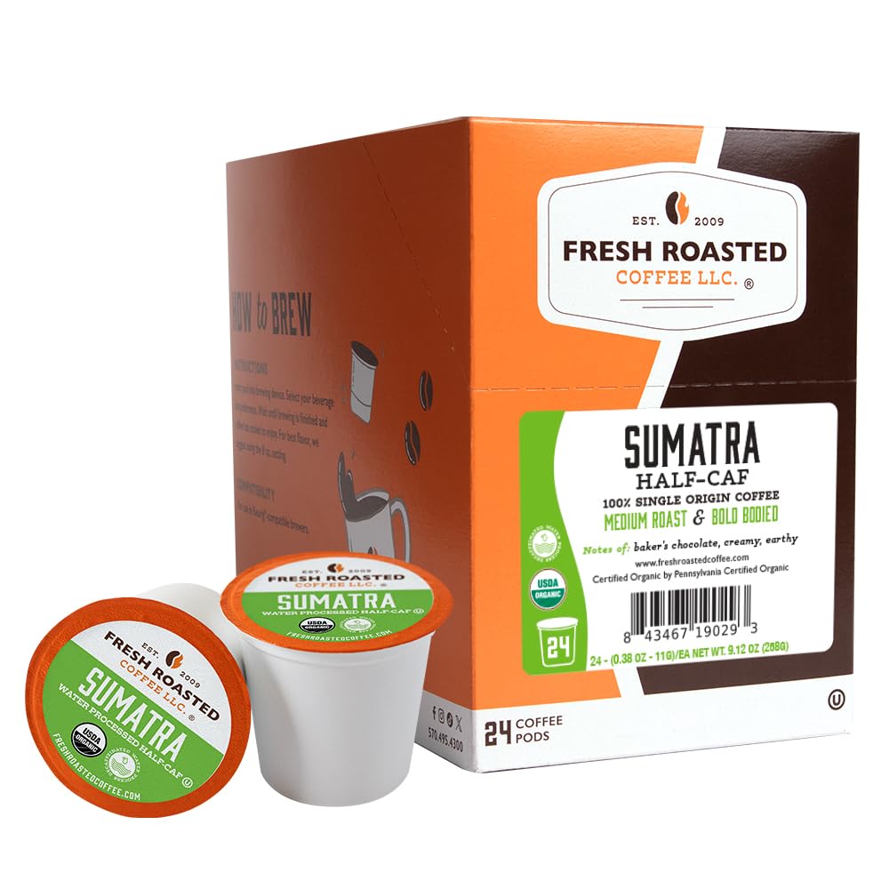 Fresh Roasted Coffee Sumatra half-caf pods on kitchen counter highlighting convenience