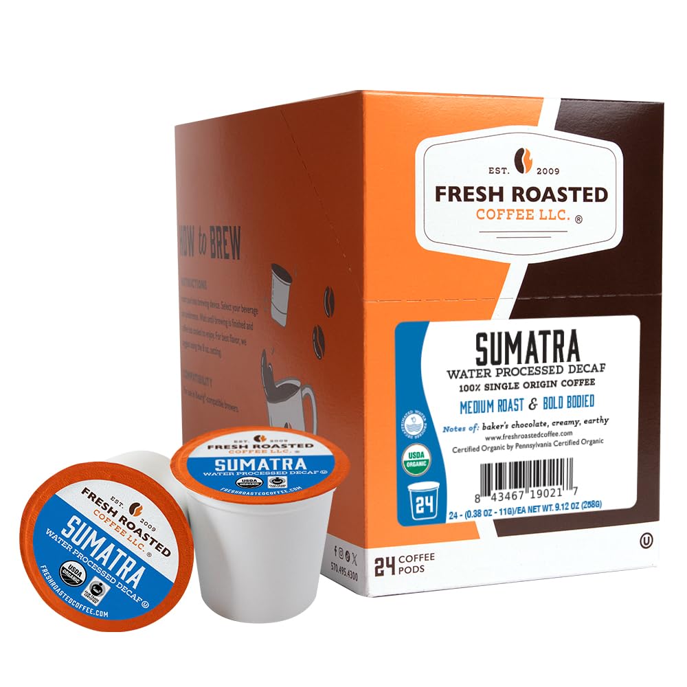 Fresh Roasted Coffee Sumatra water-processed decaf pack on the counter for a quick caffeine-free moment