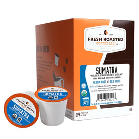 Fresh Roasted Coffee Sumatra water-processed decaf pack on the counter for a quick caffeine-free moment