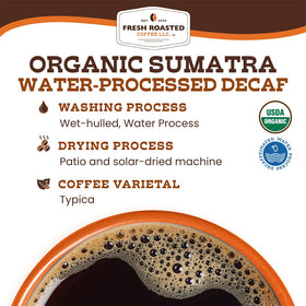 Fresh Roasted Coffee Sumatra decaf packaging on shelf for bulk value