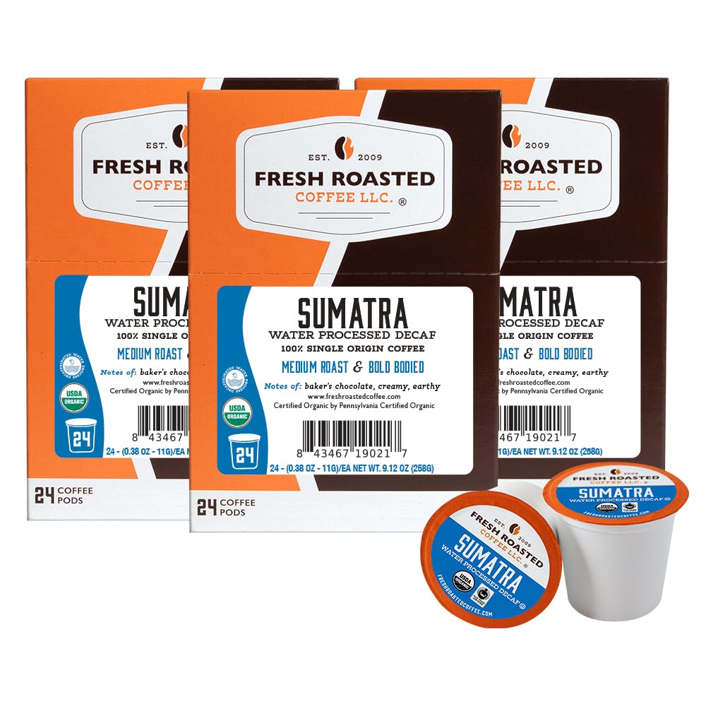 Fresh Roasted Coffee Sumatra water-processed decaf pods for a smooth, low-caffeine cup