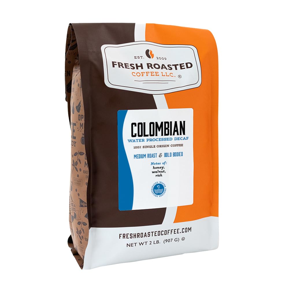 Fresh Roasted Coffee Swiss Water Decaf Colombian 2 lb packaging ready for home brewing.
