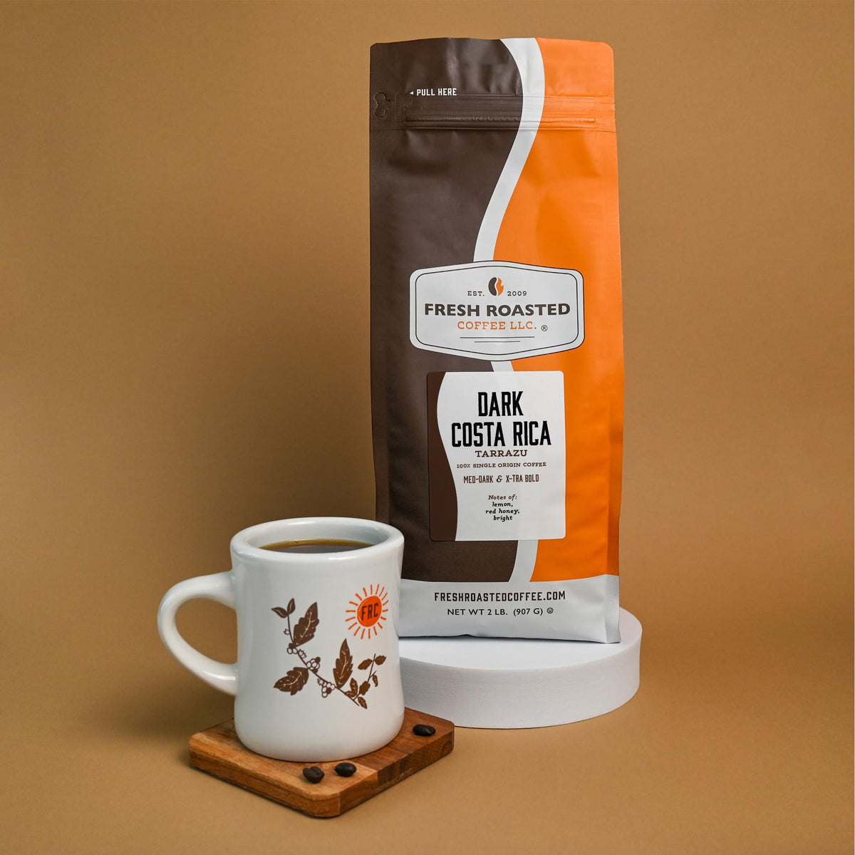 Fresh Roasted Coffee tarrazu bag label side highlights sustainable roasting and origin